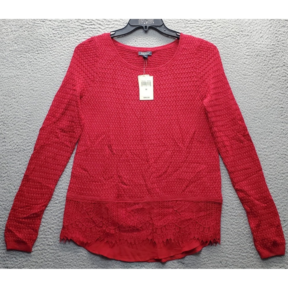 Lucky Brand Textured Knit Sweater Womens M Red Lace‎ Trim Long Sleeve Round Neck